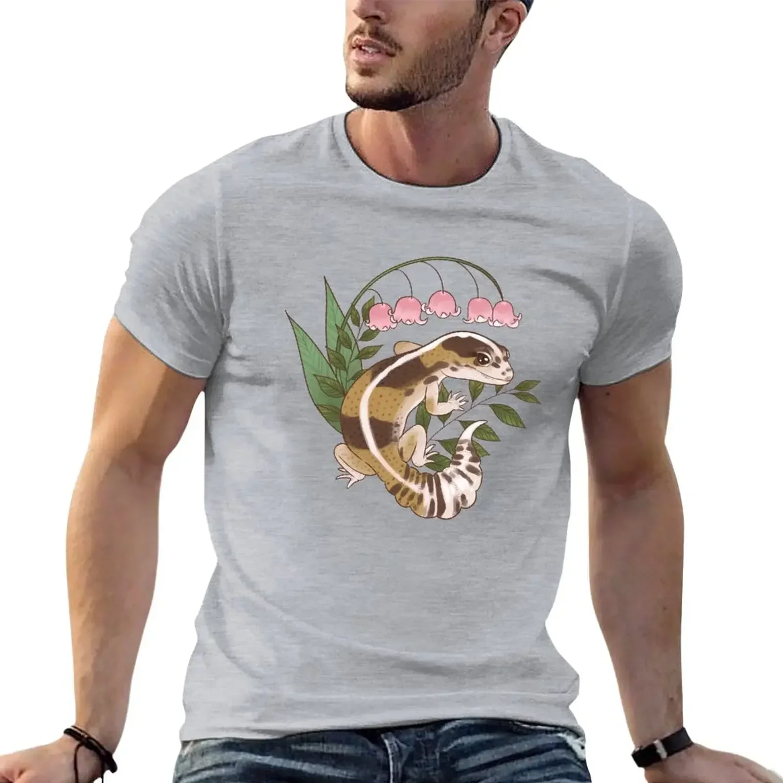 African Fat-Tailed Gecko with Lily of the Valley T-Shirt funnys summer clothes sweat t shirts for men cotton