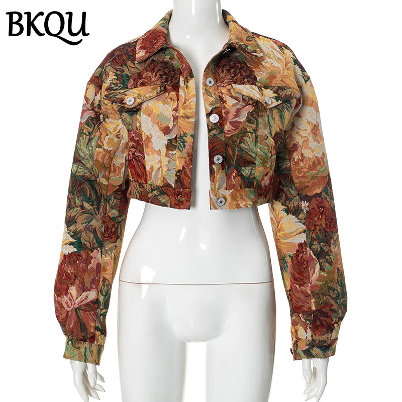 BKQU Vintage Jacquard Long-Sleeved Jackets Women Fashion Turn Down Collar Single Breasted Casual Short Coats Female Streetwear