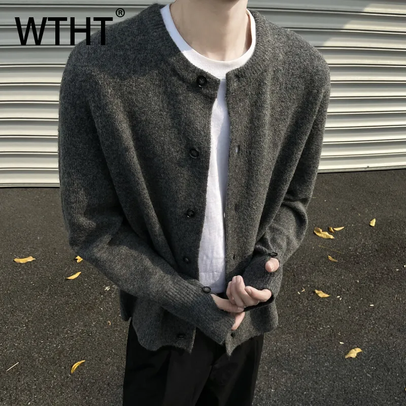 

WTHT модные мужские однотонные свободные вязаные пальто с круглым вырезом, модные однобортные куртки с длинными рукавами, мужские куртки, осень 2023, 2A1987