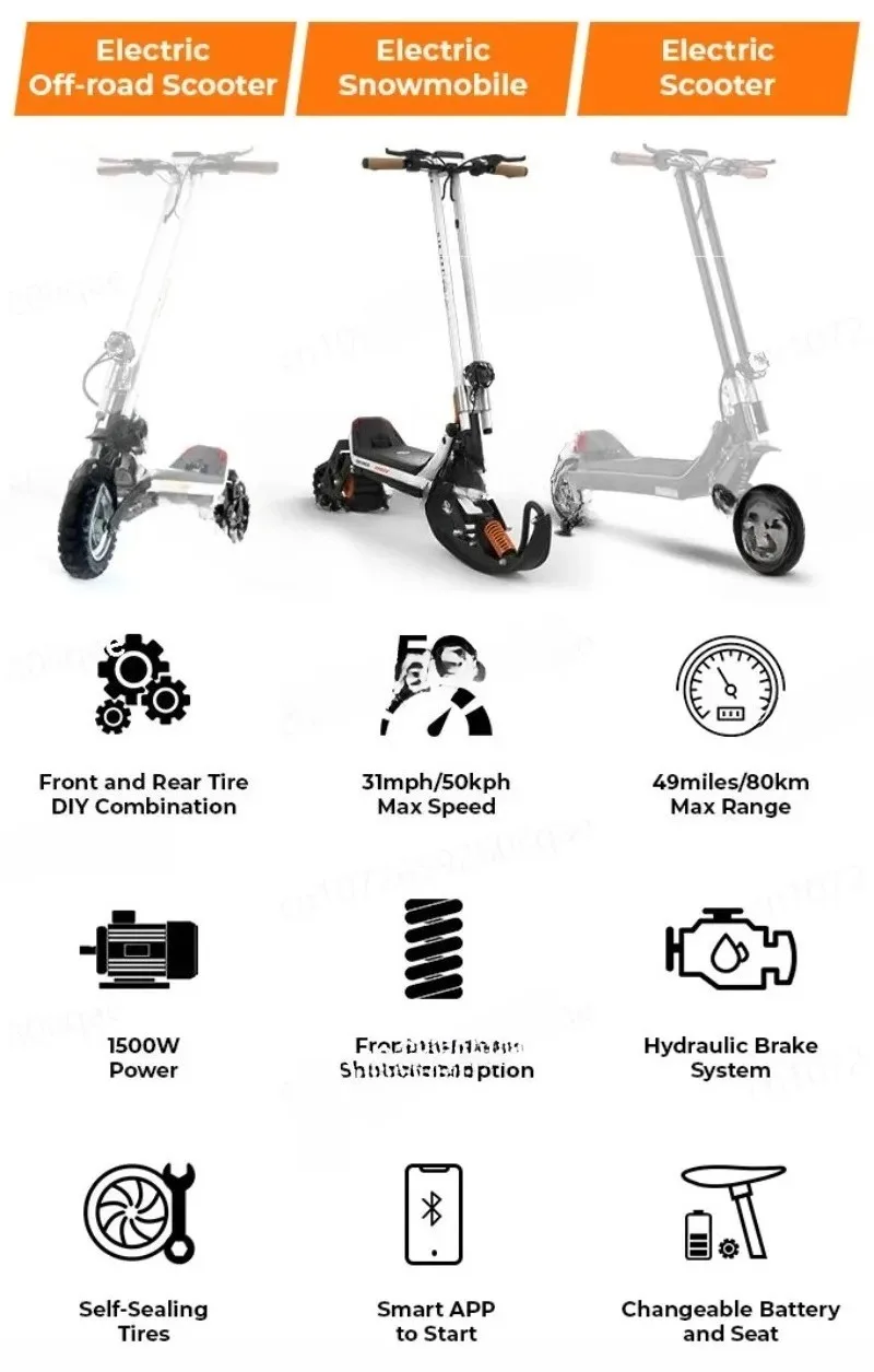 

Waterproof Lithium Removable 1800w 3-in-1 Electric Snow Scooter