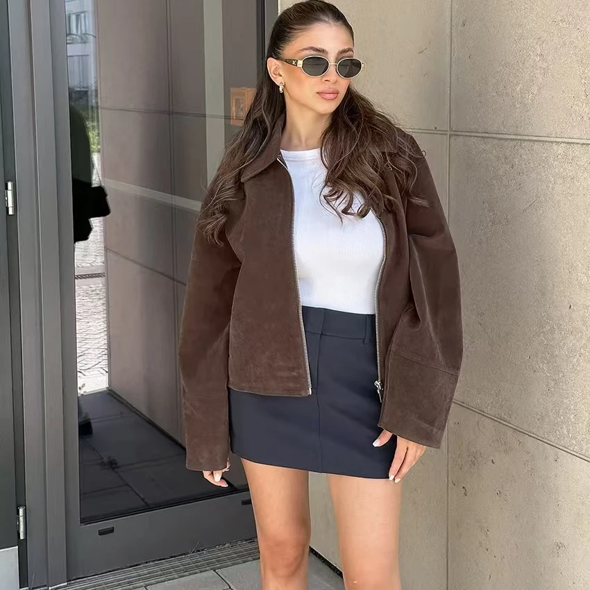 

Модное повседневное свободное замшевое пальто на молнии для молодых женщин с длинным воротником-стойкой, осенняя верхняя одежда стандартного кроя