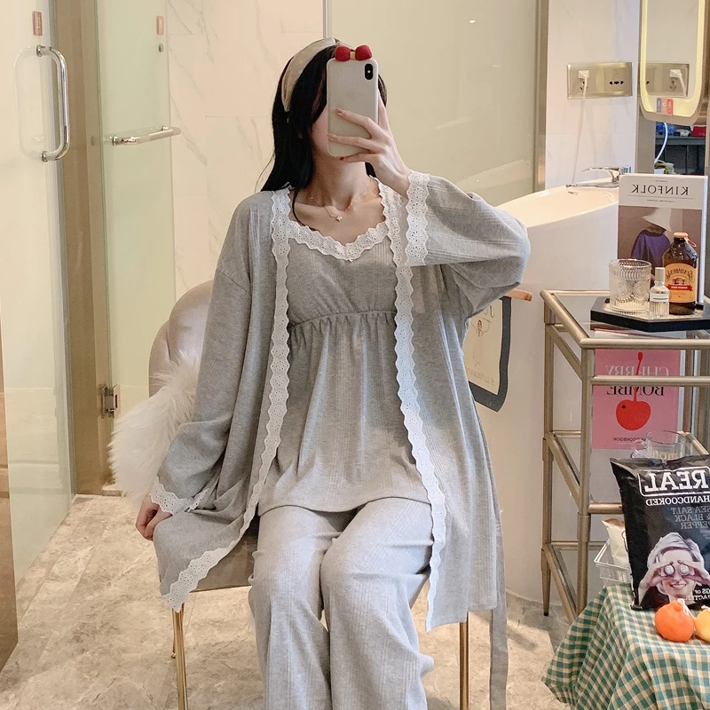 3PCS Set Lace Patchwork Cotton Maternity Nursing Sleepwear Elegant Loose Pajamas Suit for Pregnancy Women Home Sleep Lounge Wear