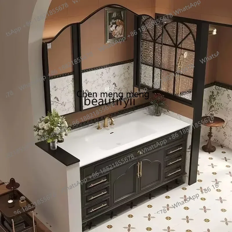 

M182 1Q French retro oak bathroom cabinet combination floor-to-ceiling rock slab ceramic integrated basin washstand