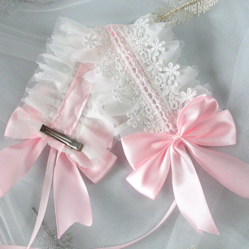 Lolita Anime Maid Ruffled Headband Sweet Embroidery Lace Ribbon Bow Hairband with Hairpins Cosplay Headdress