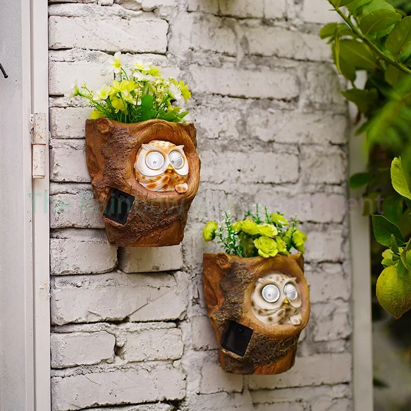 Creative wall hanging flower pot cartoon cute owl solar light ornament garden fence flower pot garden decoration