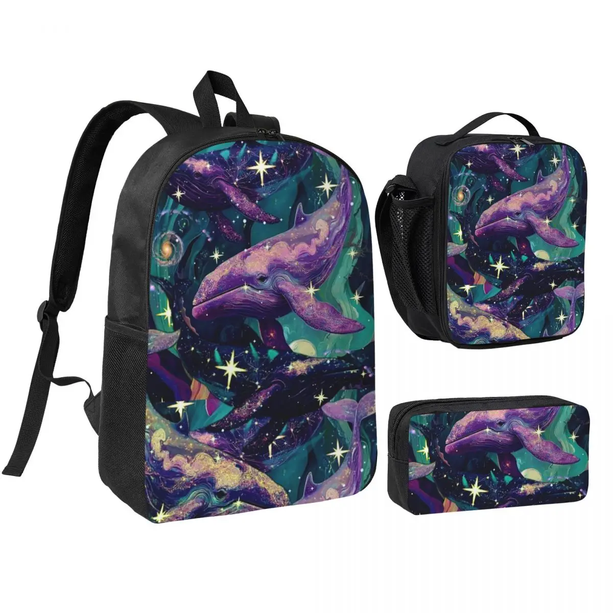 Deep Sea Luminous Starry Sky And Whale Backpack Boys Girls BookBag School Bag Shoulder Bags 3ps Insulated Lunch Bag Pencil Case