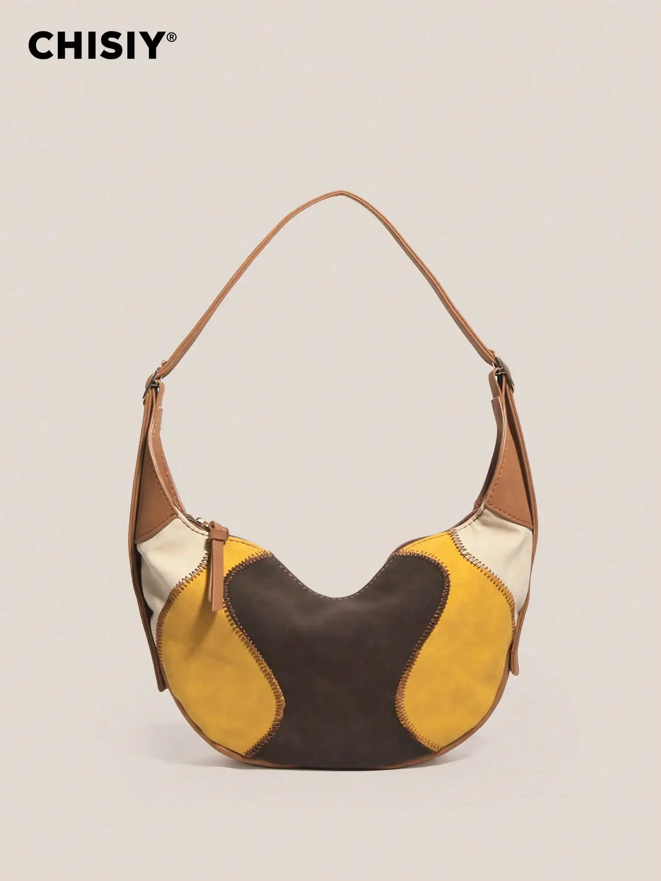 

Women's Crescent-Shaped Patchwork Suede Shoulder Bag with Color Block Design