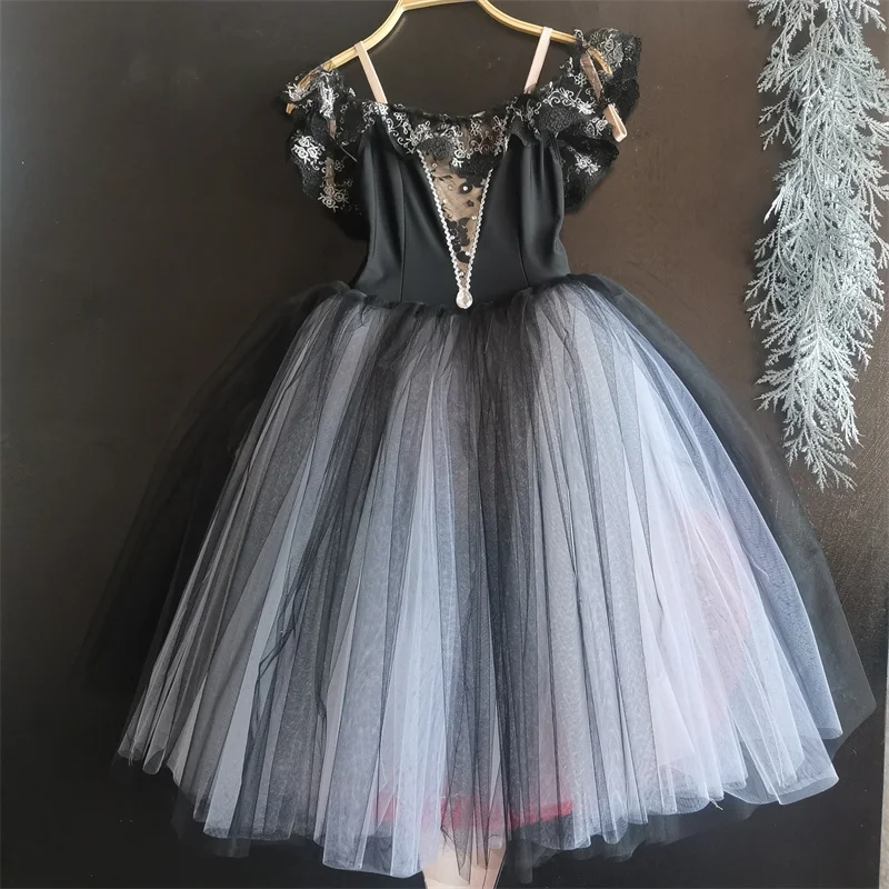 Vintage Classical Design Professional Cheap Kids Girls Performance Wear Black Long Romantic Tutu