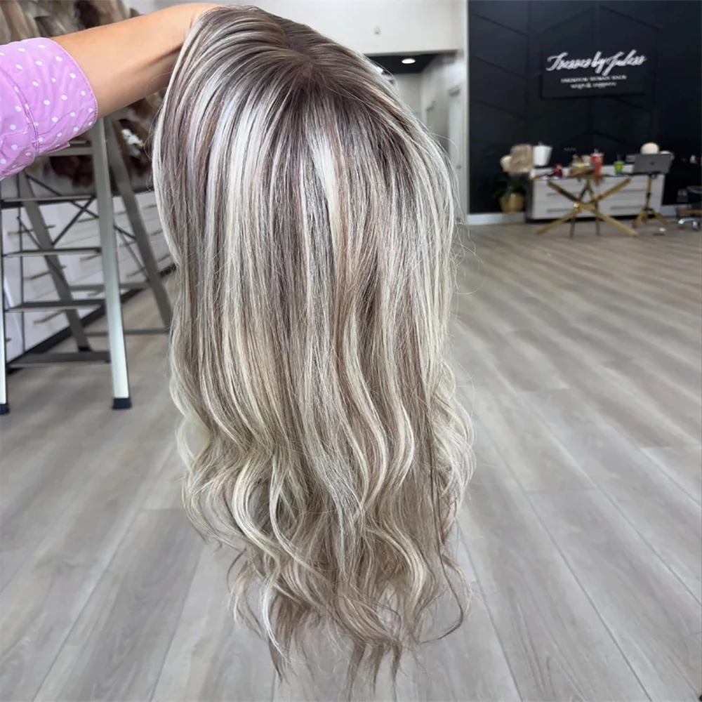 100 Echthaar-Perücke, aschblond, dunkle Wurzeln, gewellt, Highlight, brasilianische Perücken, 13 x 6, transparente Spitze, farbig, bereit zum Tragen