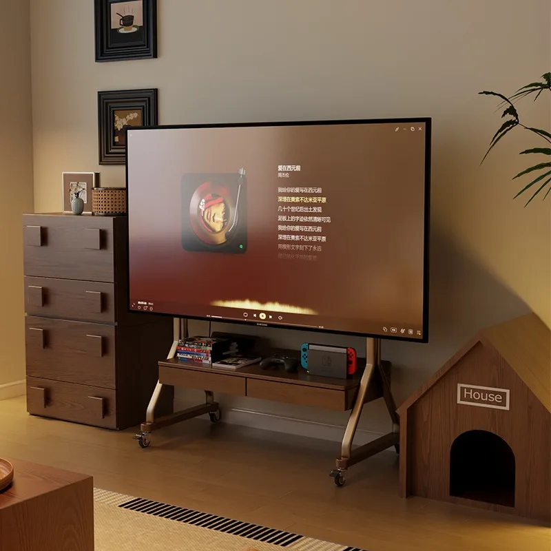 Modern simple solid wood movable TV cabinet living room small apartment floor storage bracket