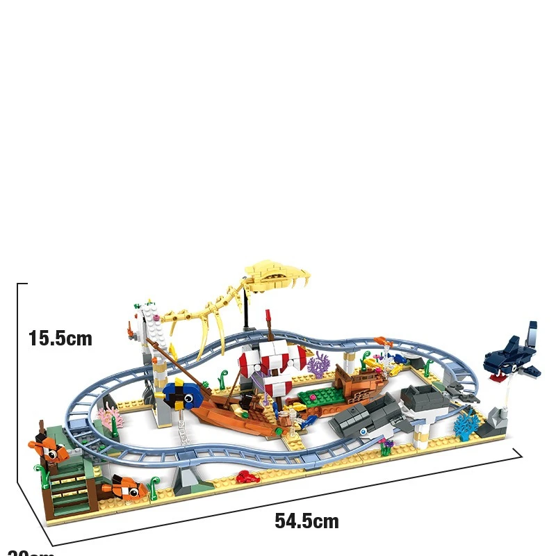 수중 해양 세계 상어 공룡 롤러코스터 트랙 블록 어린이 교육용 소형 입자 조립 장난감