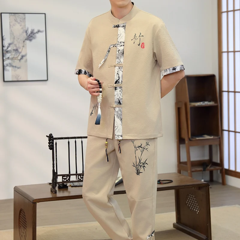 2026 spring Men's Casual Sets Chinese style Shirts + Pants summer 100% Cotton Sportswear Male Fashion Chinesestyle trouser view 5