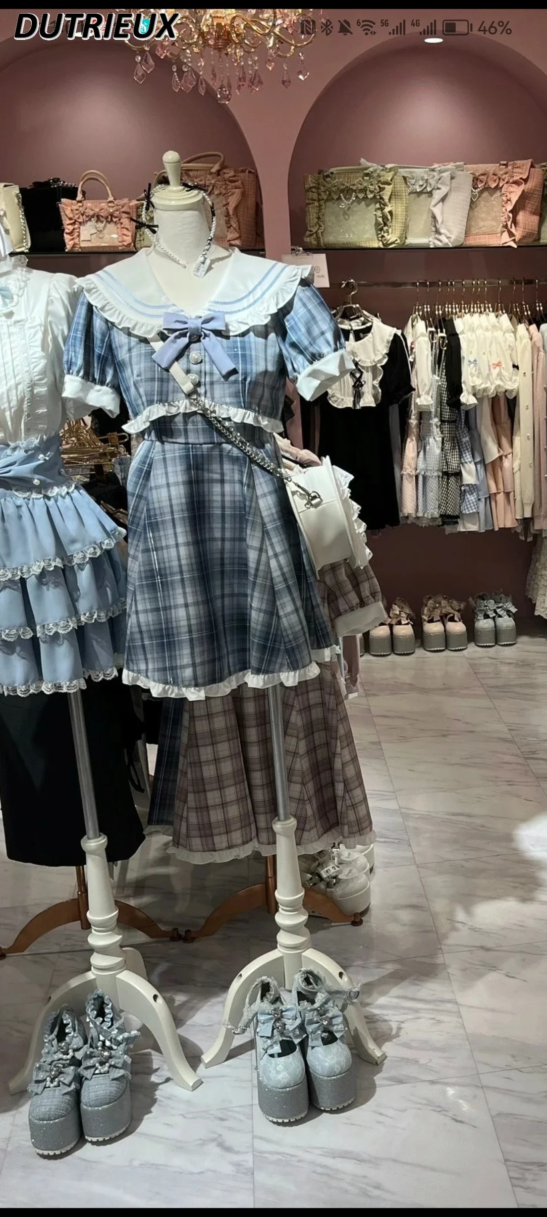 2024 Summer New Mass-Produced Ladies Sailor Collar Plaid Dress Lolita Japanese Style Casual Short Sleeve Dresses for Women