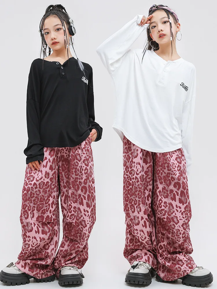 طفل Kpop الهيب هوب الملابس السوداء فضفاضة بلوزة أعلى الوردي ليوبارد عارضة واسعة الطية السراويل للفتيات الجاز أزياء رقص ارتداء الملابس