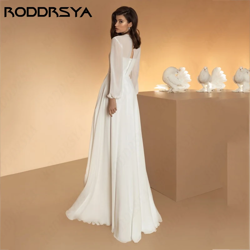 RODDRSYA O-Neck Long Fuff Sleeve Wedding Dresses Elegant Chiffon A-line For Women Floor Length Illusion Back Vestidos De Novia