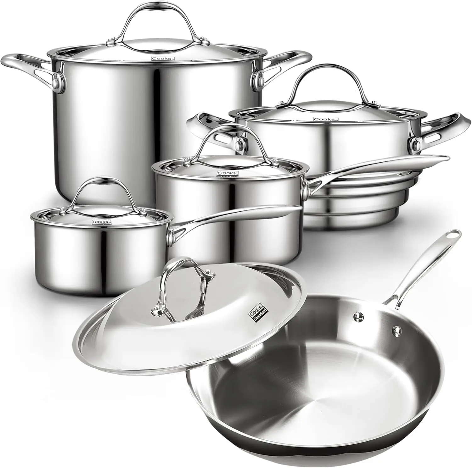 Cooks Standard Stainless Steel Kitchen Cookware Sets 10-Piece, Multi-Ply Full Clad Pots And Pans Cooking Set With Fry Pan,