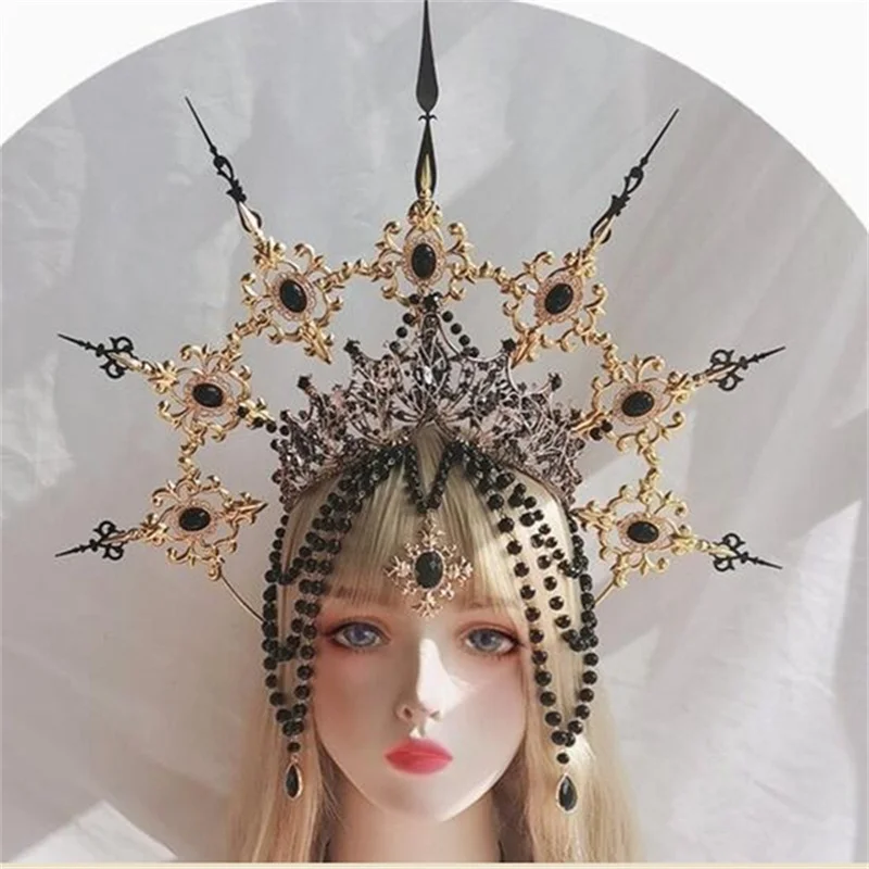 Lolita Gothic Kc Halo Kroon Hoofddeksel Barokke Spike Koningin Anna Tiara Zon Godin Duivel Hoofdband Halloween Punk Haar Accessoires