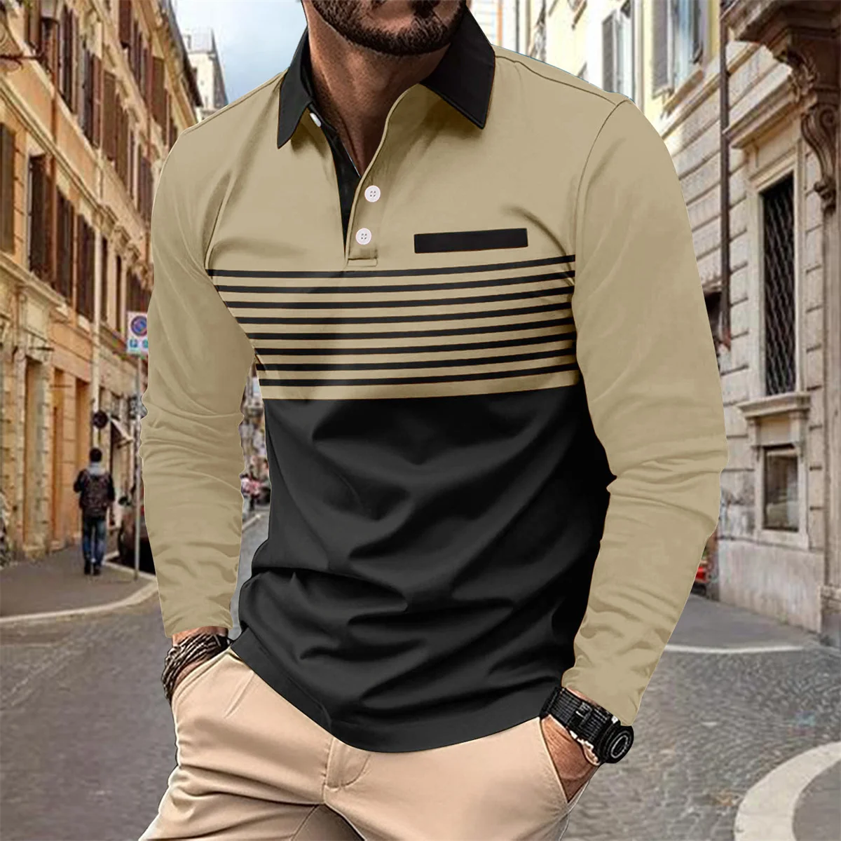 Men's New Spring and Autumn Outdoor Street Shopping Casual Long Sleeve Loose Patchwork Stripes False Pocket Lapel POLO Shirt