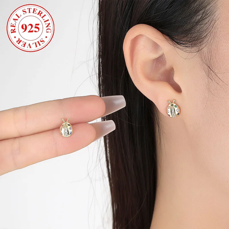 925 Sterling Silver Colorful Zirconia Small Seven Star Ladybird Lady Earrings Hypoallergenic Suitable for Women Fashion Jewelry