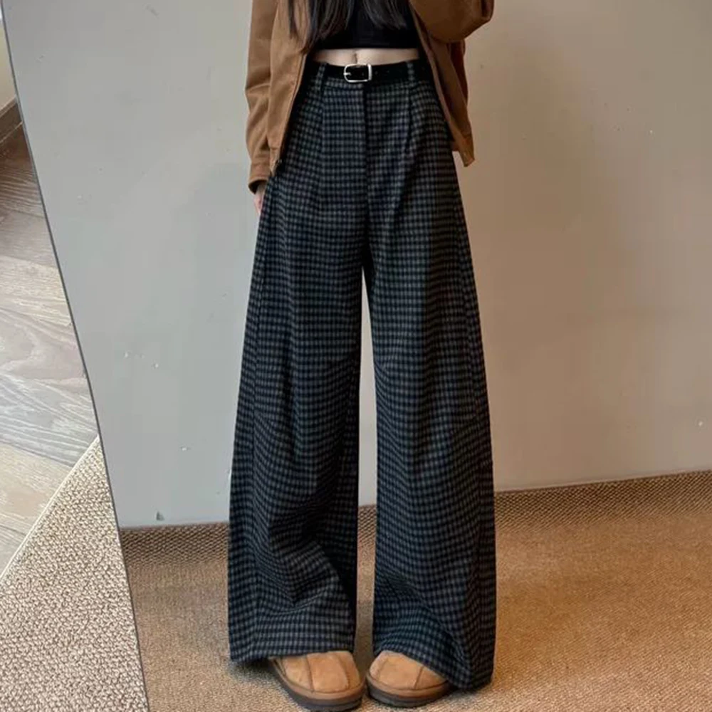 Black and gray plaid pants women's autumn and winter woolen scimitar pants high waist casual straight and thin wide-leg pants