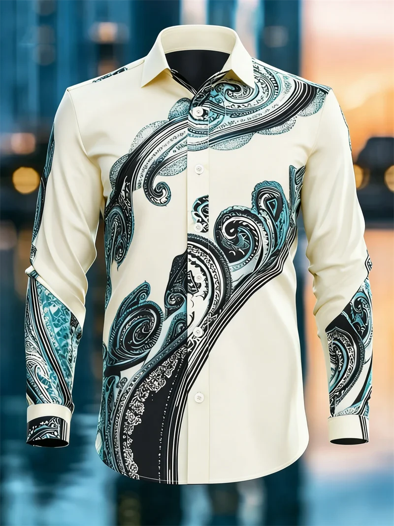 

New men's long sleeved shirt casual fashion 3D wave print men's high-quality shirt single breasted long sleeved top