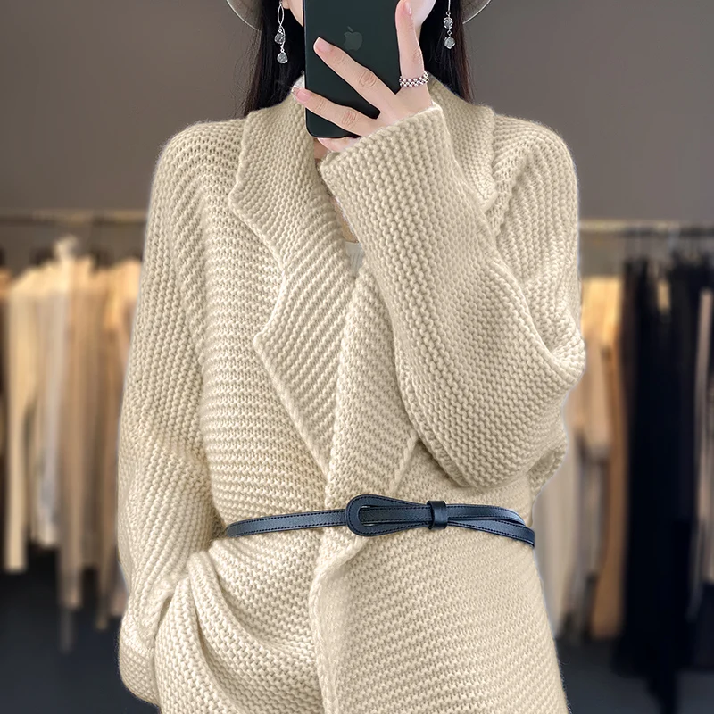 7 Needles Thick Cashmere Coat Women\'s Suit Collar Top 100% Merino Wool Knit Cardigan Fashion Korean Autumn Winter Long Sleeves