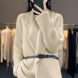 7 Needles Thick Cashmere Coat Women's Suit Collar Top 100% Merino Wool Knit Cardigan Fashion Korean Autumn Winter Long Sleeves