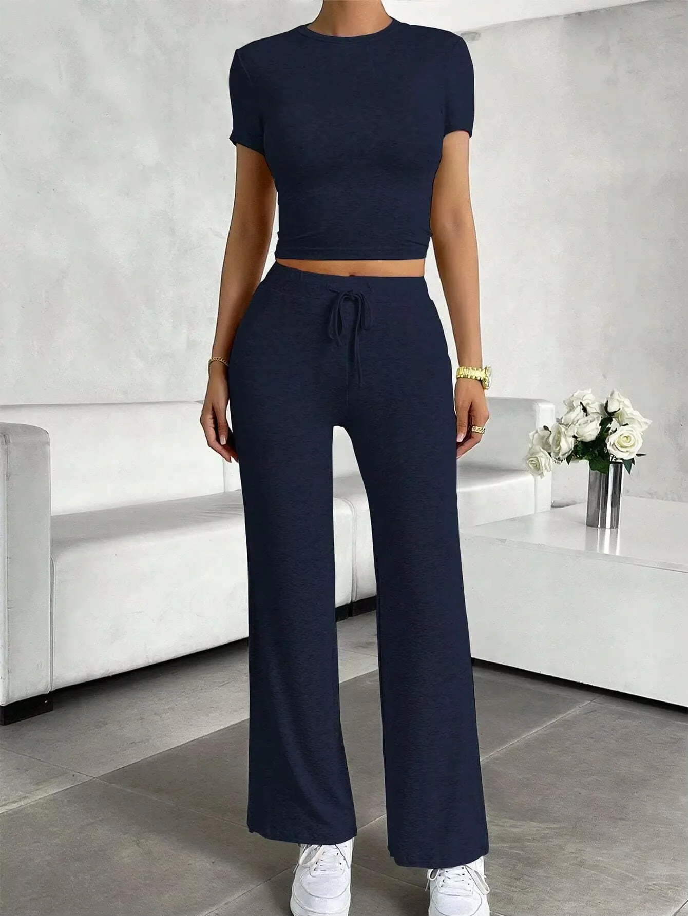 Women's European And American Casual Sports Suit Short Sleeved Top Long Pants Home Wear Comfortable Fashion Outfit