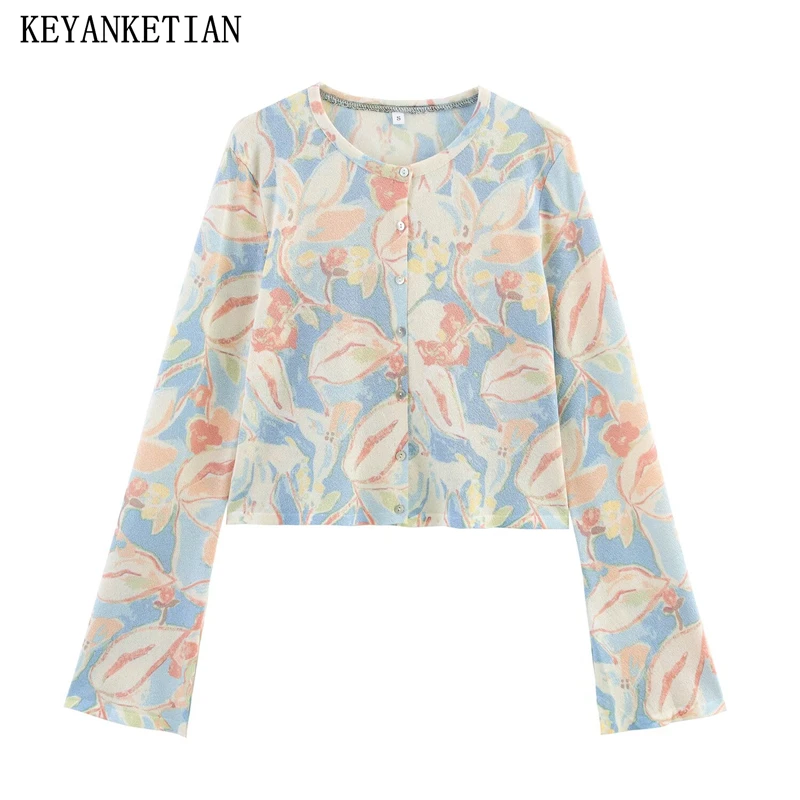 

KEYANKETIAN 2025 Autumn New Women's Flower Print Knit Cardigans French Style O-Neck Single Breasted Flare sleeve Slim Crop Top