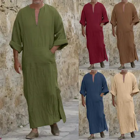 Men'S Shirts Mens Casual Fashion Muslim Long V Neck Long Sleeve Shirt Robe Top Large Men'S Wear