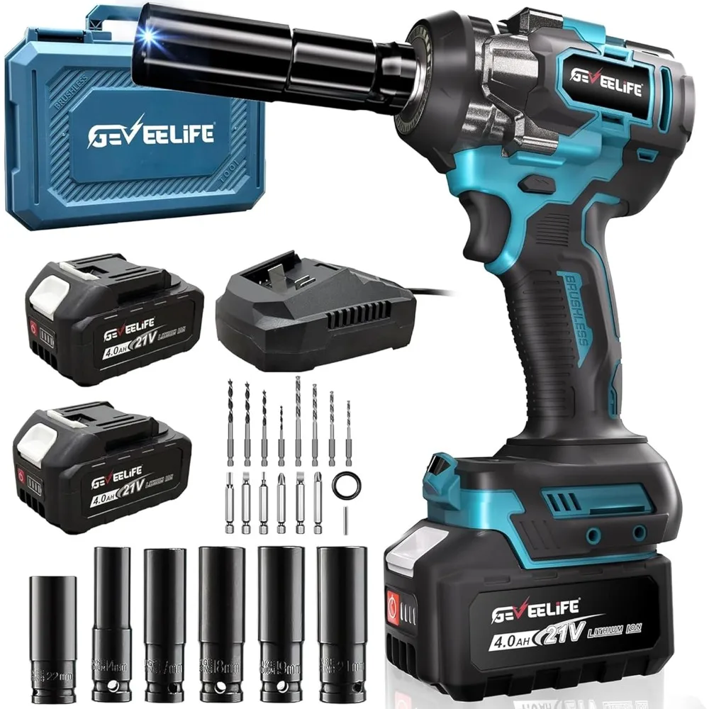 

650N.m/480Ft-lbs Brushless Impact Wrench,1/2" Cordless Impact Gun w/ 2x4.0Ah Battery & 6 Sockets, 3300RPM Power Electric
