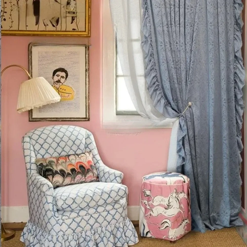 BlueTulle Curtains for Living Room Luxury Bedroom French Retro Hollow Lace Dining Room Girl's Lace Transparent Opaque