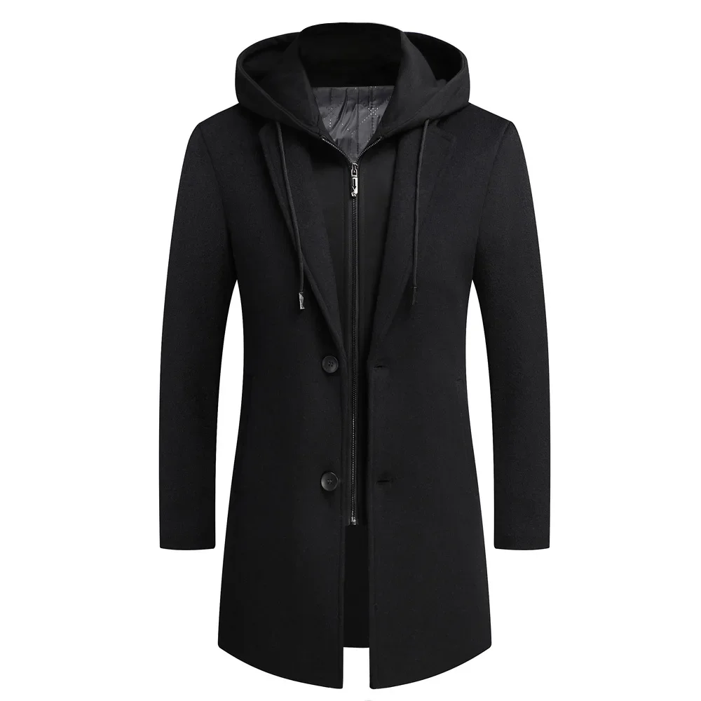 2024 New Men Wool Coat Casual Warm Winter Wool Coat Casual Woolen Coat Mid-length Detachable Hat