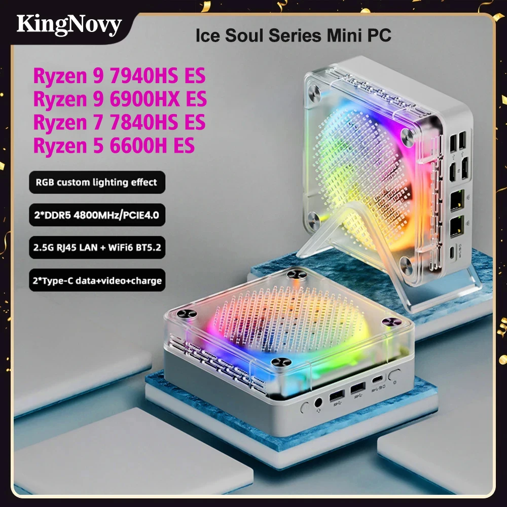 Ice Soul 시리즈 미니 컴퓨터 게이머 PC, AMD Ryzen 9 7940HS ES R7 7840HS ES RGB 라이트, DDR5 NVME SSD 2.5G 듀얼 LAN, 8K NUC WiFi