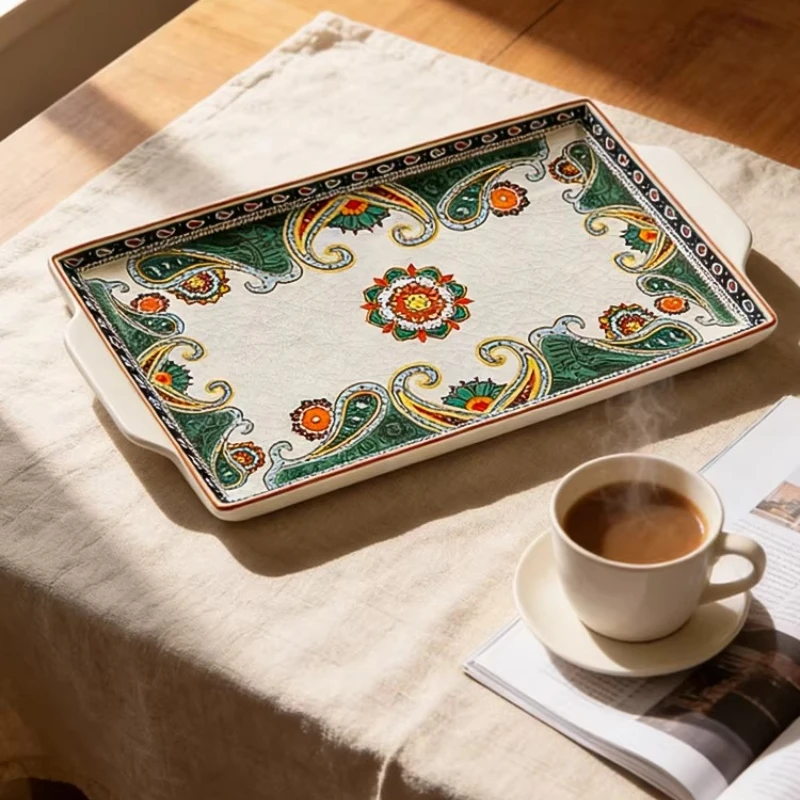 Ceramic Crackle Glaze Tray, Exotic Rectangular Serving & Storage Tray for Home Décor, High-End Aesthetic Centerpiece for Room