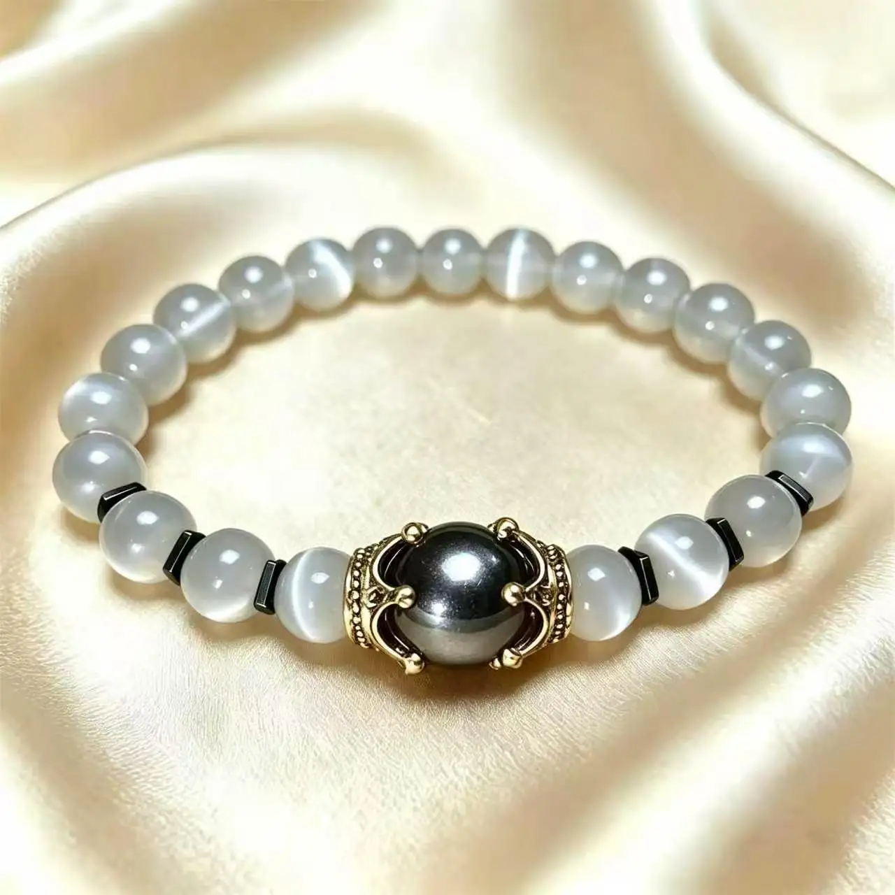 Stilvolles Herren-Armband aus Naturstein, Vintage-Krone als Macht-Symbol, Hämatit-Perlen, Geschenk für Freunde, Natur-Tigerauge-Perlen – Detail 10