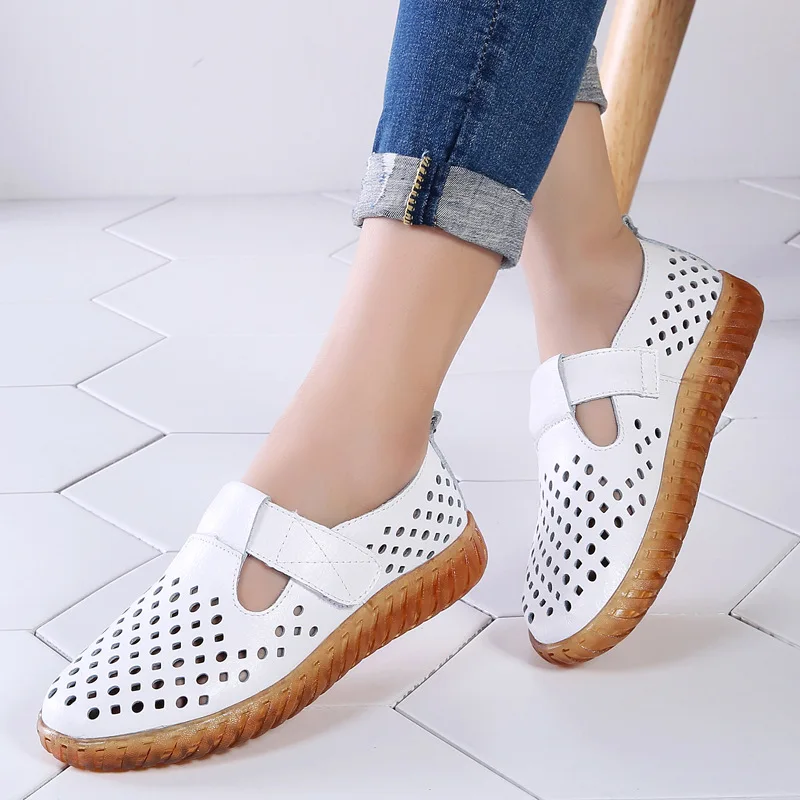 WOIZGIC-Mocassins en cuir véritable pour femmes, sandales blanches, mocassins, boucle à crochet, extérieur, cool, plage, été, creux