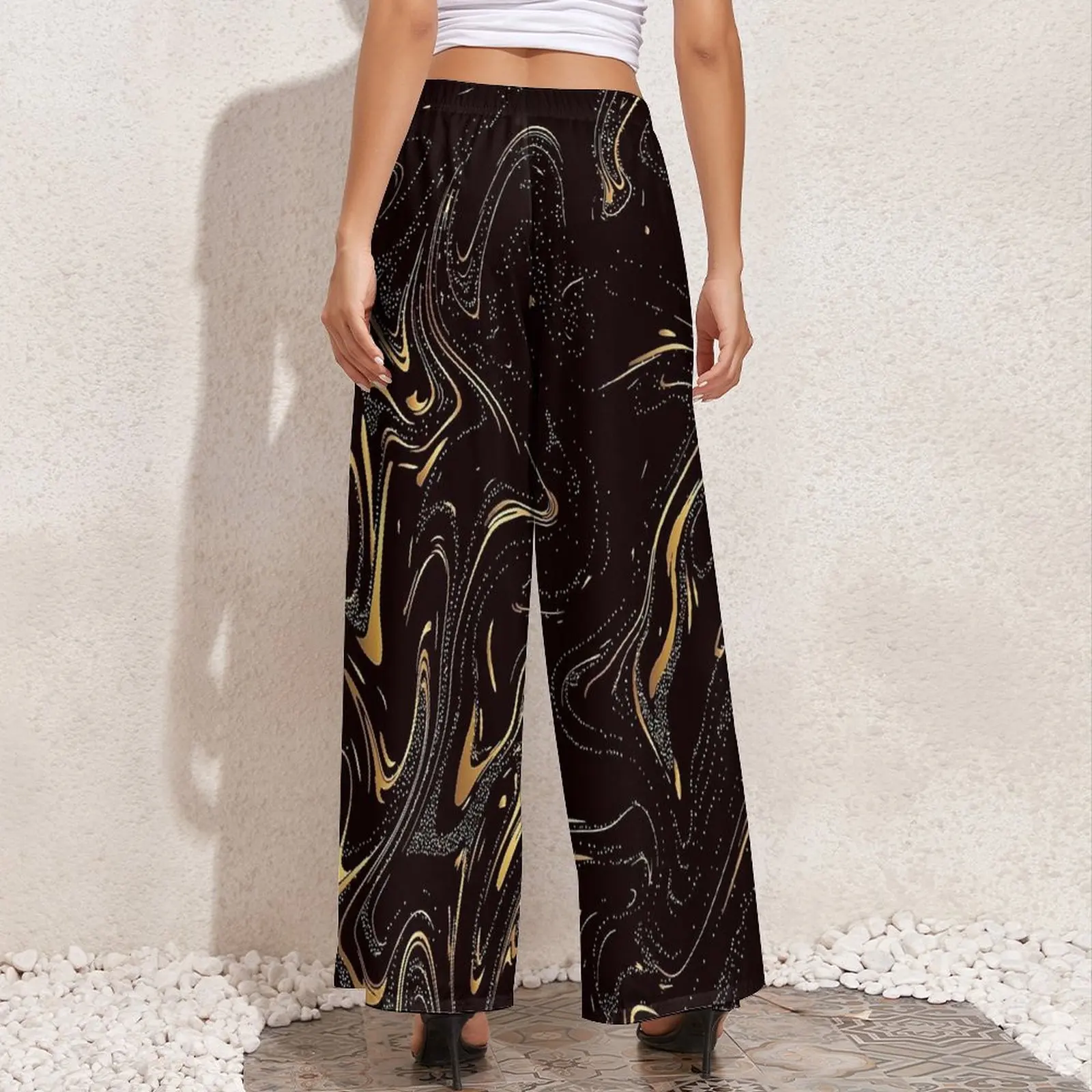 Abstract Wave Pants High Waist Gold Liquid Print Trendy Trousers Street Wear Graphic Wide Pants