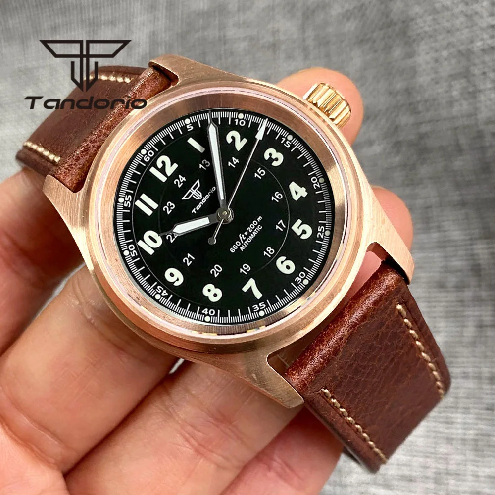 Tandorio 36Mm Real Cusn8 Brons Jurk 200M Automatische Pilot Horloge Voor Mannen Dames NH35A PT5000 Saffier Glas Lederen lichtgevende