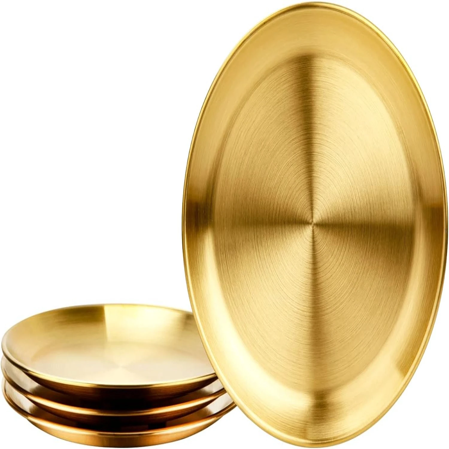 

urable and elegant 4 piece set of golden brushed stainless steel plates - ideal for serving BBQ, snacks, and steak. Perfect addi