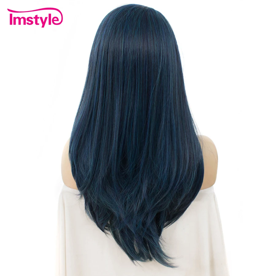 Imstyle Dark Blue Wig Straight Synthetic Lace Front Wig Long Hair For Women Heat Resistant Fiber Cosplay Wigs