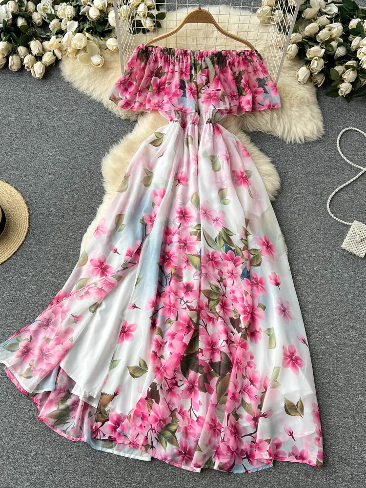 Summer Ruffle Off The Shoulder Chiffon Dress Women Sexy Slim A-line Printed Dresses Ladies Viantage Beach Split Maxi Dress