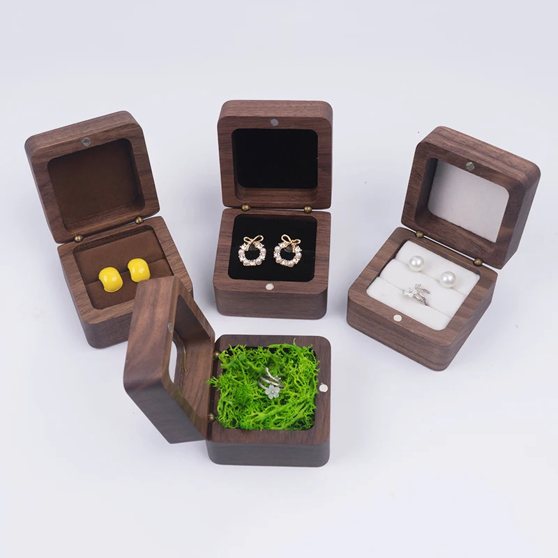 Wood Jewelry Box Wedding Ring Box Velvet Earring Rings Gift Packaging Box Holder Organizer Proposal Engagement Ring Display Case