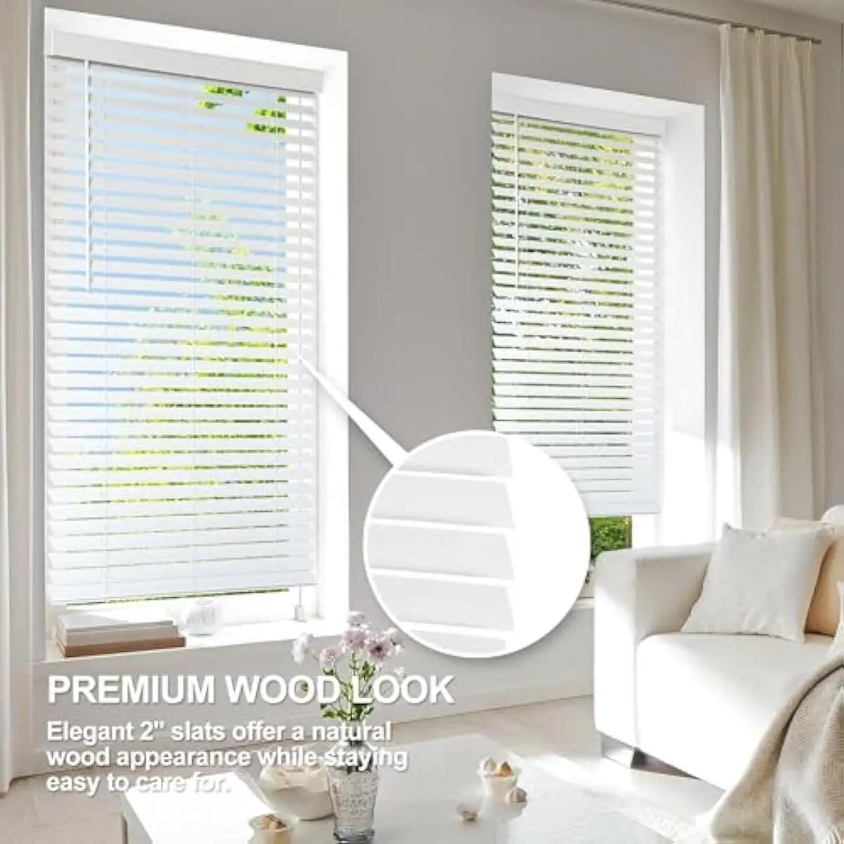 Faux Wood Window Blinds Made of Durable PVC, 22.5 Inches Wide by 72 Inches Tall, Cordless Lift and Wand Tilt, 2-Inch Slats with