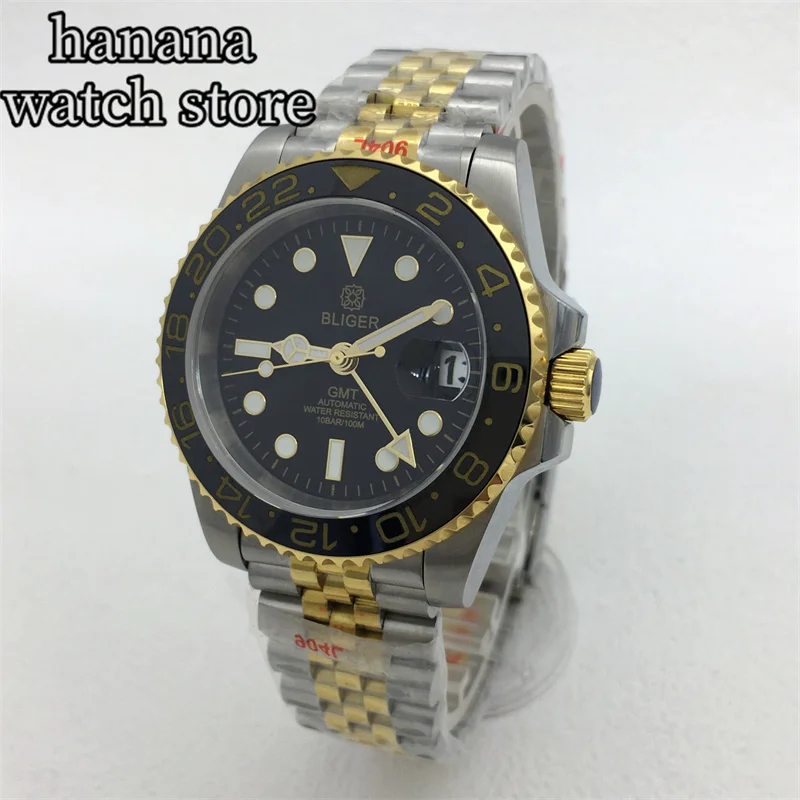 Мужские часы для дайвинга, механизм 40 мм GMT NH34, черный циферблат, зеленый светящийся браслет из нержавеющей стали, сапфировое стекло