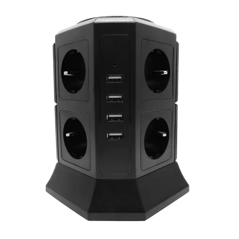 Tower Power Strip Vertical EU Plug 8/12 Way Outlets Sockets with USB Surge Protector 2500W 2m Extension Cord