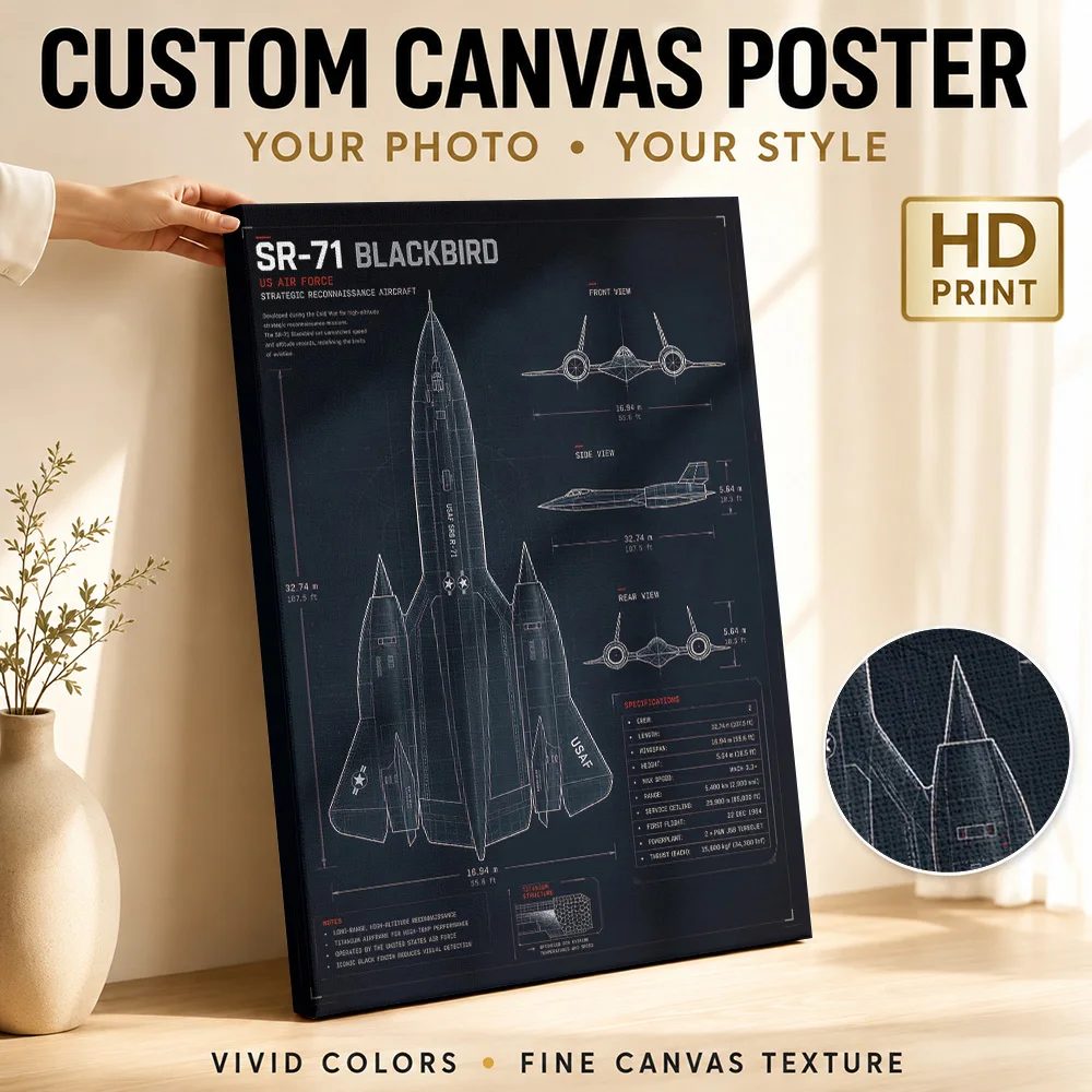 SR-71 Blackbird Technical Blueprint Canvas Poster Personalized Photo Modern Aesthetic Wall Art for Bedroom Decor Ready to Hang