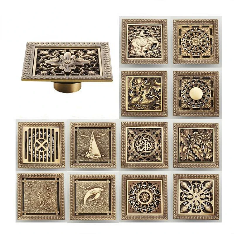 

Shower Drains 12*12cm Square Bath Drains Strainer Hair Antique Brass Art Carved Bathroom Floor Drain Waste Grate Drain