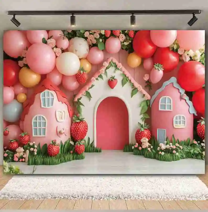 Strawberry Berry House Backdrop Summer Fruit Strawberry Pink Balloon Girls Birthday Party Baby Shower Photography Background