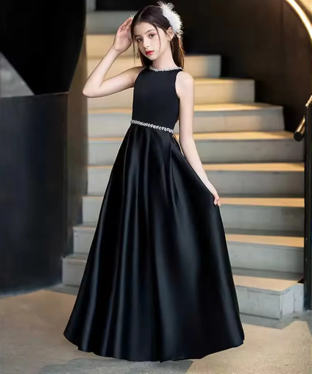Simple Flower Girl Wedding Dress Black Satin Beading Sleeveless Dress Girls Birthday Party Evening Dress Host Performance Gown